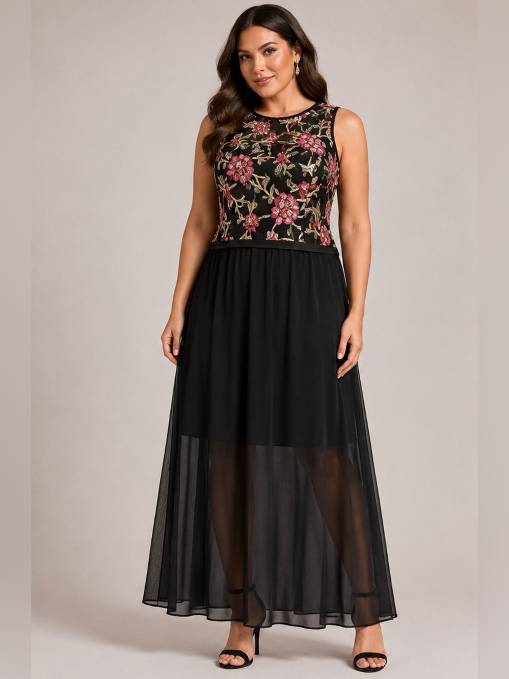 Red Dot Boutique Floral Embroidered Sheer Maxi Dress Black Size 1X NWOT